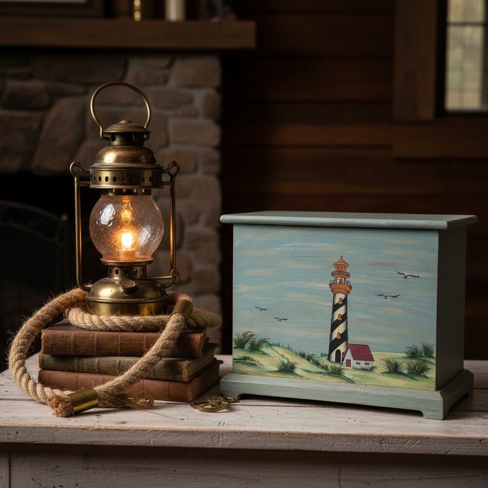 Hand Painted Lighthouse Wood Box-Coastal Nautical Storage-Cottage-Beach-Keepsake
